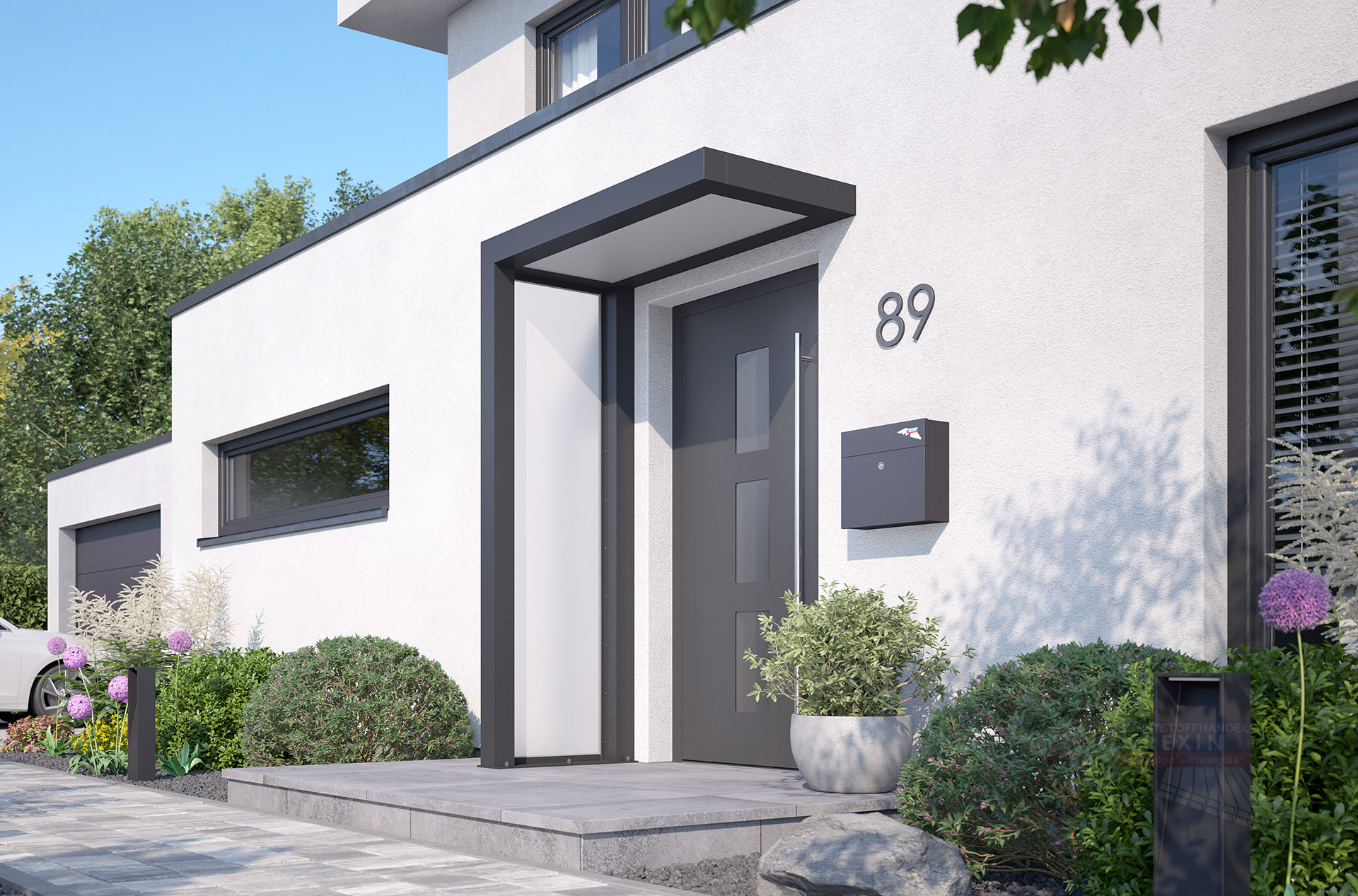 rexolife_1500x800_db703_plexi_satiniert_plexi_satiniert_links_kamera_b_klein REXOlife® Haustür-Vordach, Dach: PLEXIGLAS®, opal – Seitenteil: PLEXIGLAS®, opal